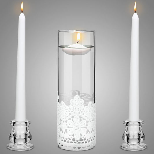 Irenare Unity Candles with Holder for Wedding Ceremony Wedding Decortions Accessories Glass Candle Holder Pillar Candle for Formal Events Church(Lace)