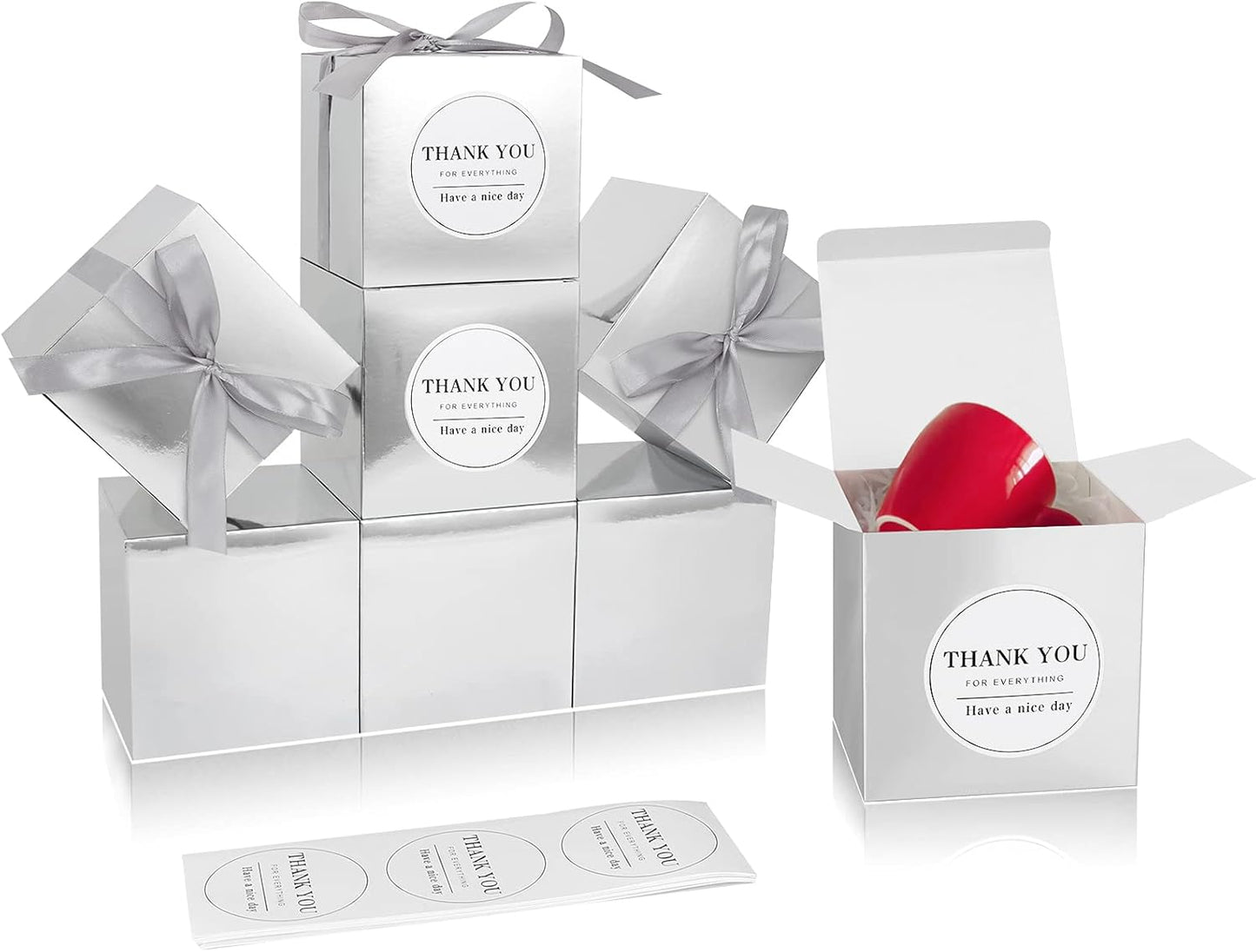 COTOPHER Small Gift Boxes 60 Pack 4x4x4 inches Silver Gift Boxes with Lids for Gifts, Crafting, Wedding Party Favor, Cupcake Boxes, Candy, Bridesmaids Proposal Box with Ribbons and Stickers (Metallic