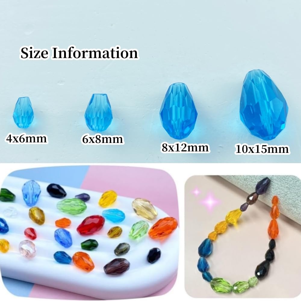 200pcs 4x6mm Teardrop Crystal Glass Beads Vertical Hole Faceted Glass Teardrop Spacer Beads for Bracelets Necklace Earring DIY Jewelry Making Craft(Lake Blue)