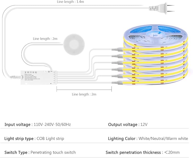 AIMENGTE 12V COB LED Cabinet Lights Strip, 6 x 3.3ft Touch Dimmable 3000K - Image 4