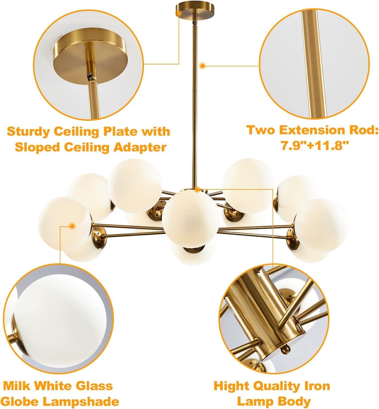 KCO Lighting 12-Light Glass Globe Sputnik Chandelier Light Fixture Mid Century Modern Chandeliers Brushed Brass Chandelier Milk White Glass Ceiling Light Fixture (Gold+White)