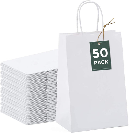 GSSUSA 50 Pcs White Kraft Paper Bags 5.25x3.75x8, Small Paper Bags with Handles for Shopping, Gift, Merchandise, Retail, Party Favor, Wedding, Gift, Bags for Small Business, Boutique