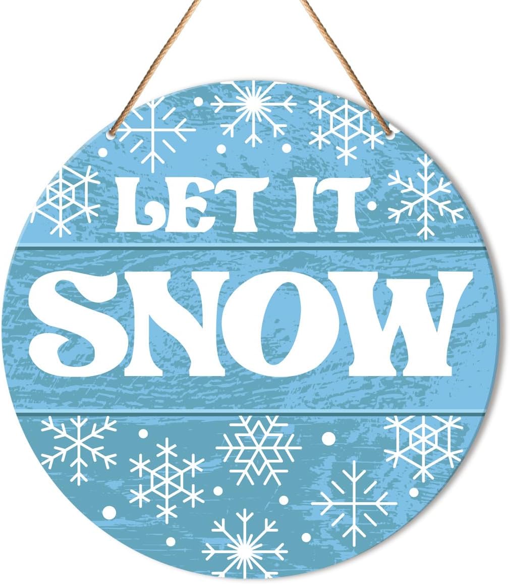 Muktoujaumai Winter Sign Front Door Decor, Christmas Round Hanging Sign Decor Snowflake Xmas Holiday Wall Decorations Winter Wood Sign for Door, Porch, Home, Let It Snow