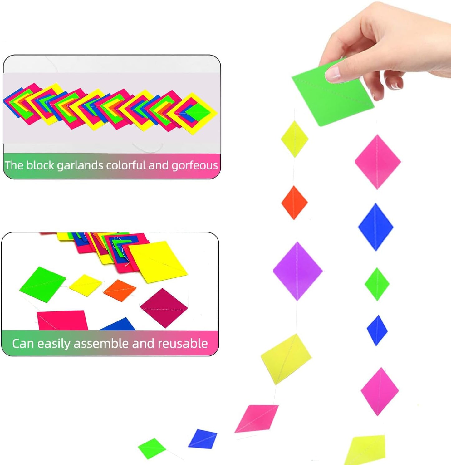 123feet UV Paper Neon Streamers & Garlands - Diamond Shape Black Light Decorations, Glow Party Favors & Supplies for Wedding & Birthday Celebrations