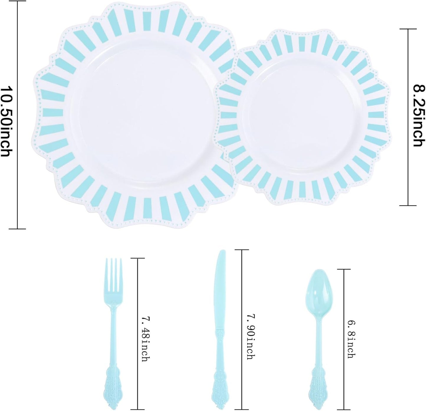 COLOSUS 150pcs Disposable Blue and White Striped Easter Plastic Party Plates and Silverware set, Light Blue Dinner/Dessert Plates silverware serve 30guests for Birthday Wedding Party and Daily use.