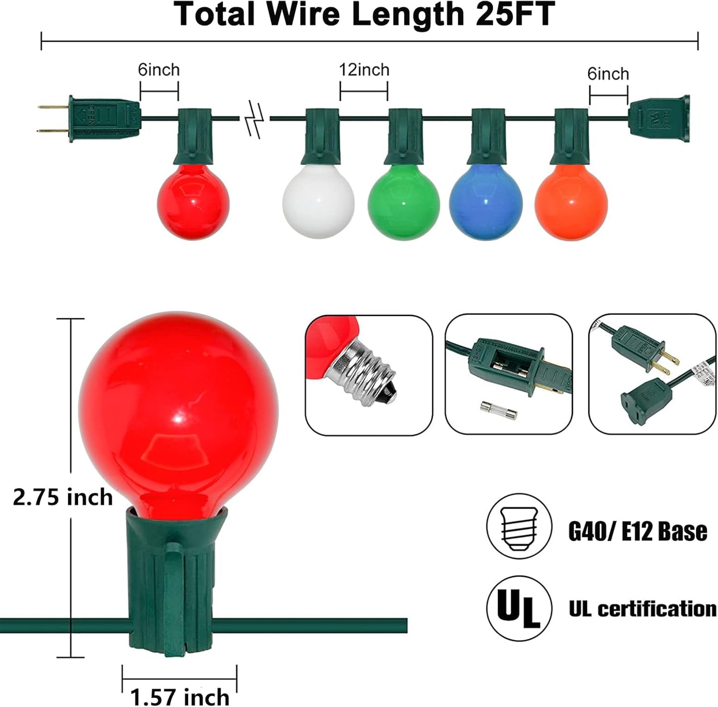 SUNSGNE 25Ft Outdoor Multicolor Christmas Lights, G40 Globe Patio String Lights with 27 Ceramic Colorful Bulbs(2 Spare), Outside Christmas Lights for Holiday Party Backyard Christmas Decoration