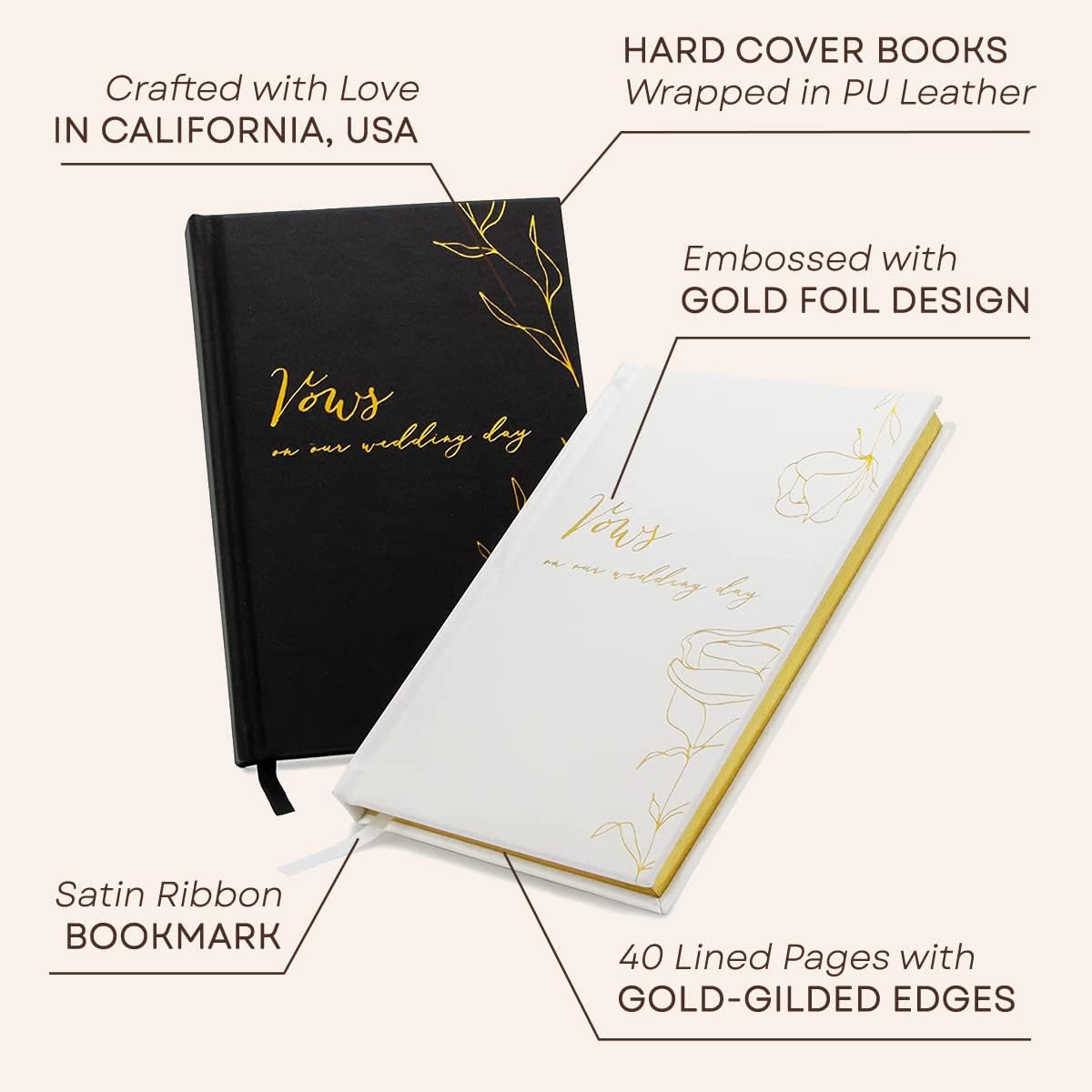 MUUJEE Vows On Our Wedding Day Vow Books (Set of 2) - Black and White Gold Foil Embossed Notebook Journal for Wedding Ceremony Vow Renewal - Wedding Gift Ideas