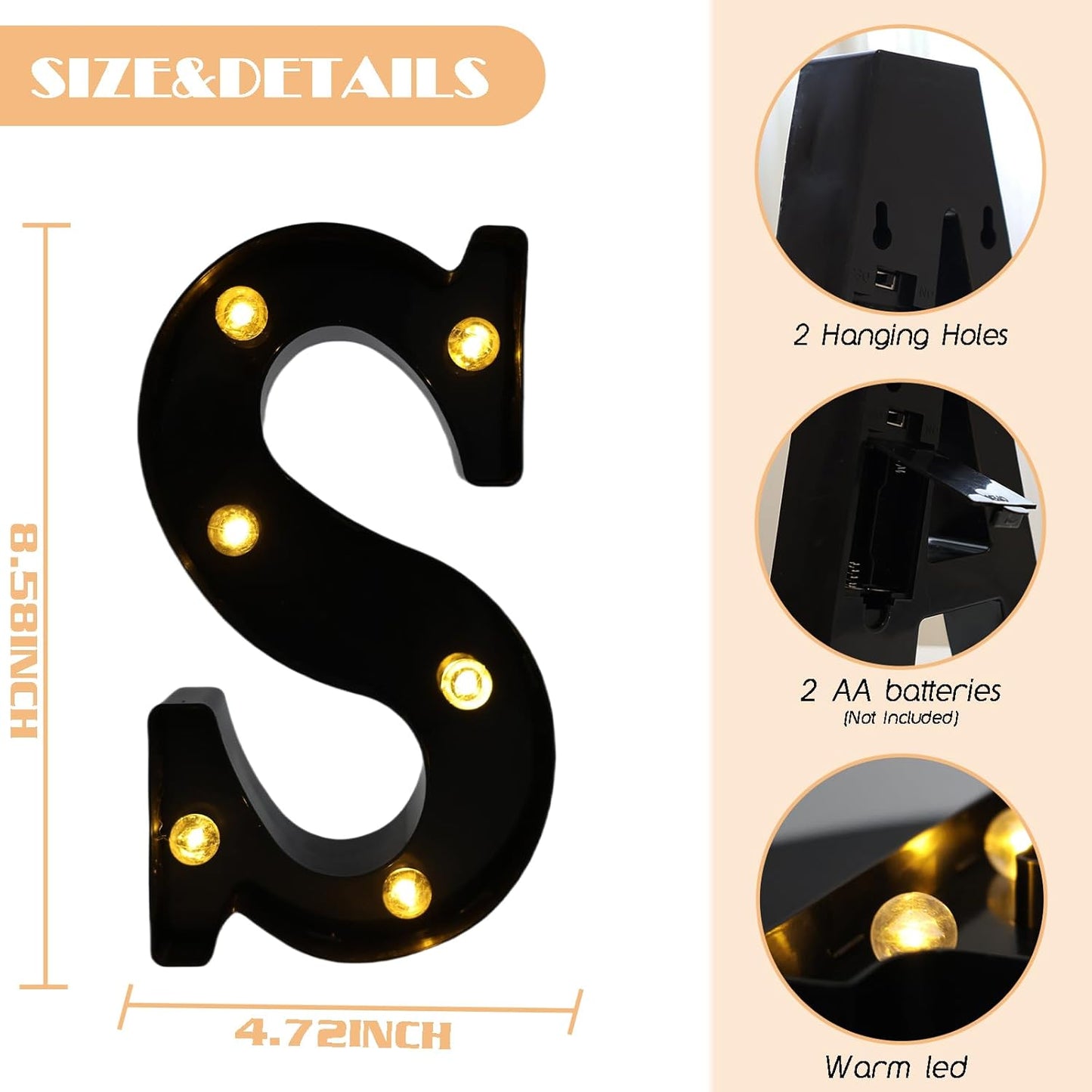 Led Marquee Letters, 8.58 Inch Black Light Up Letters, Small Led Letter Lights, Battery Powered Lighted Letterfor Table, Party, Birthday, Christmas Decor (Black, Letter S)