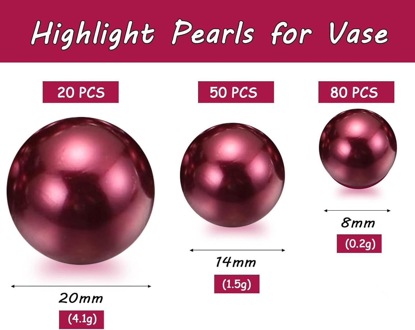 150Pcs Wine Red Polished No Hole Faux Pearl Beads for Vase Filling Decorations, Plastic Pearls Vase Fillers, Table Scatters, Wedding Centerpiece, Home Decor, 8/14/20 mm