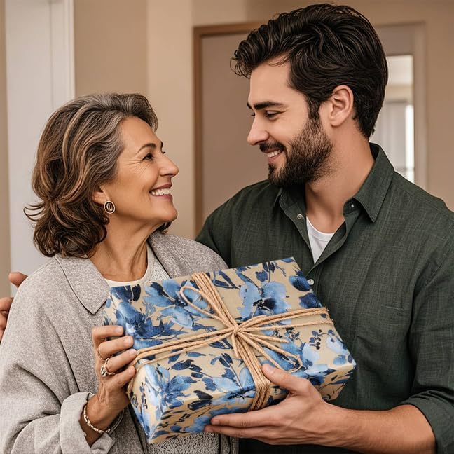 RUSPEPA Blue Floral Gift Wrapping Paper, Indigo Gift Wrap, Watercolor Flower Kraft Paper Roll, Mini Roll Wrapping Paper for Girls, Women, Spring and Birthday, 17 in x 32.8 ft