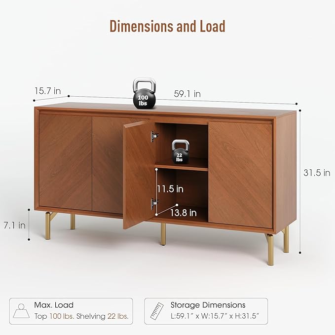 JOINICE Storage Cabinet, Mid-Century Modern Wood Accent Cabinet, Chevron - Image 2