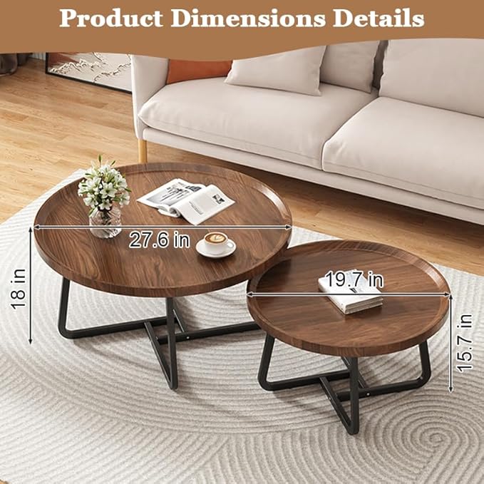 Round Nesting Coffee Table Set of 2, Mid Century Modern, Center - Image 2