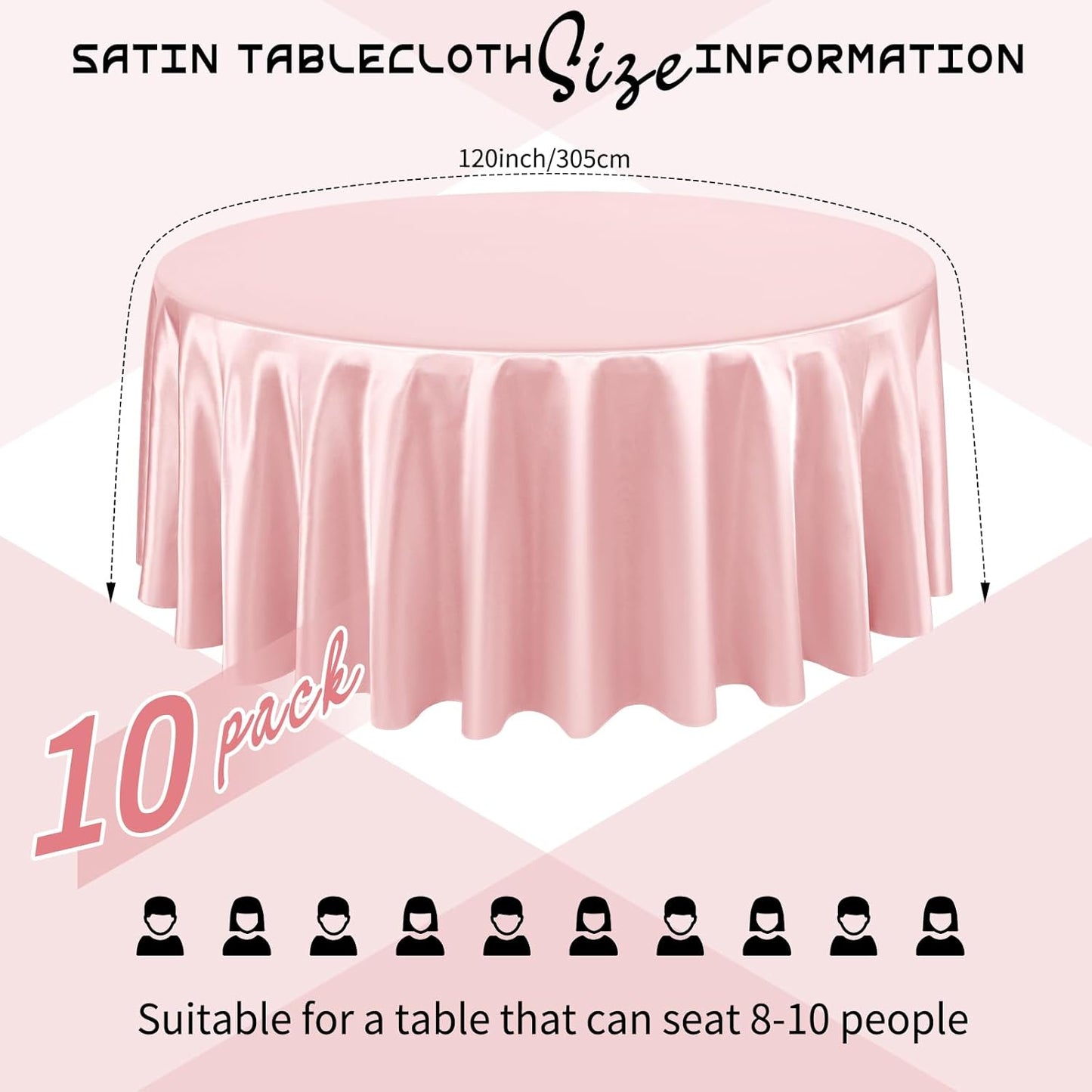 10 Packs Satin Tablecloth 120 Inch Rose Gold Round Table Cloth Silk Tablecloth Smooth Fabric Overlay Satin Table Cover Decoration for Wedding Party Banquet Events