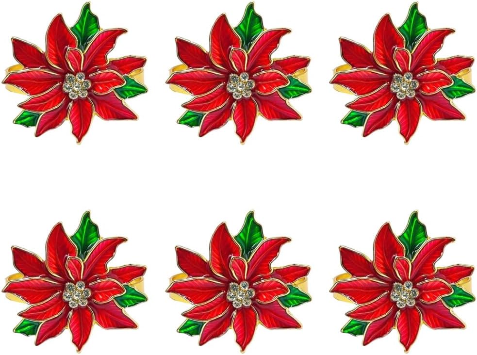 Poinsettia Napkin Rings Set of 6, Xmas Party Red Flower Napkin Holder Buckles, Thanksgiving Christmas Napkin Rings (Dark Red, One Size)
