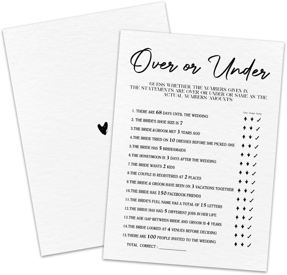 30 Minimalism Game Cards - Over or Under - Bridal Shower, Engagement, Mr & Mrs, Newlyweds, Wedding Games, Party Activities & Supplies - B07 White