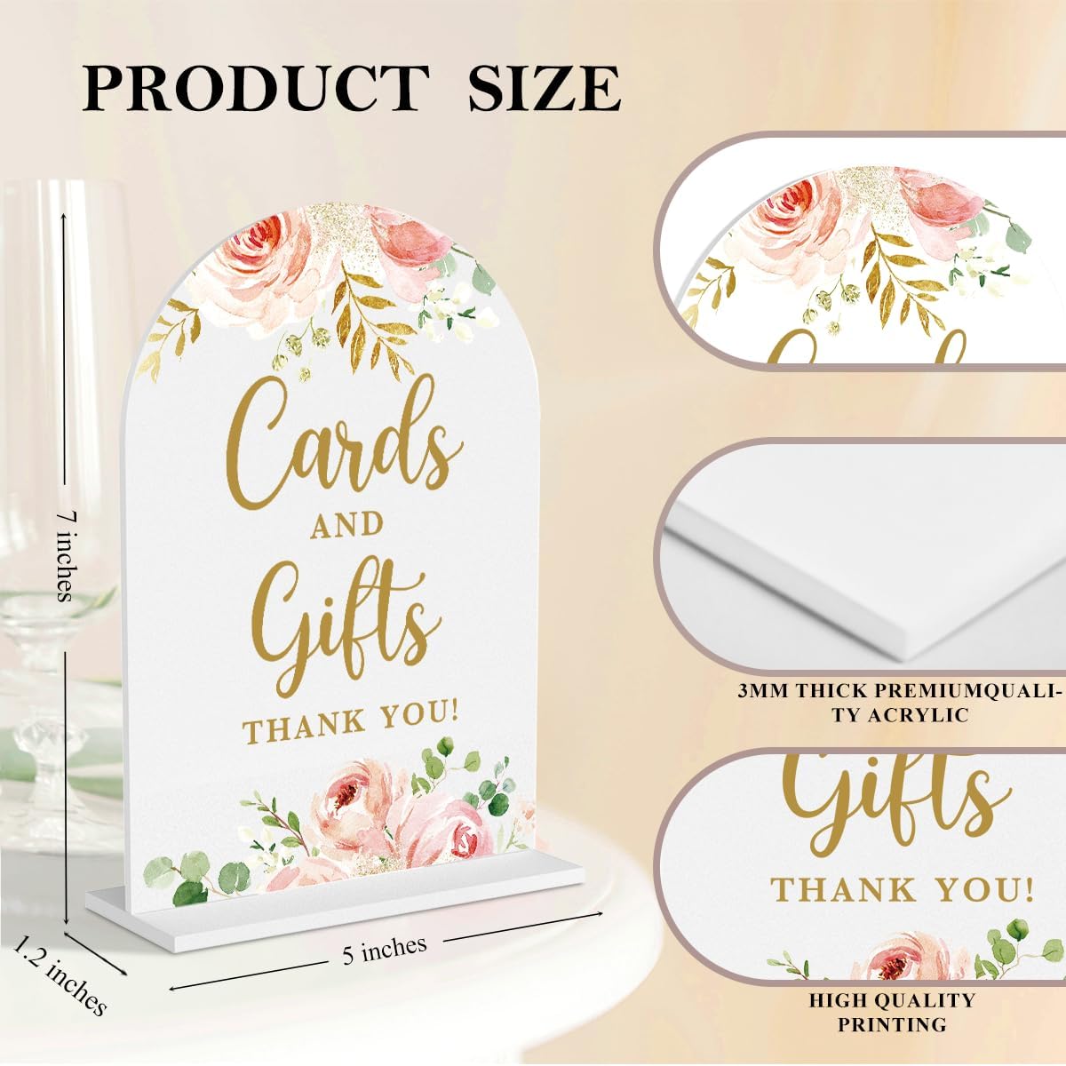 2 Pcs Acrylic Wedding Signs for Reception, Bridal Shower Decorations, Cards and Gifts Signs, Guest Book Sign, Arch Acrylic Table Top Sign with Holder for Wedding Reception (White Pink Flowers)