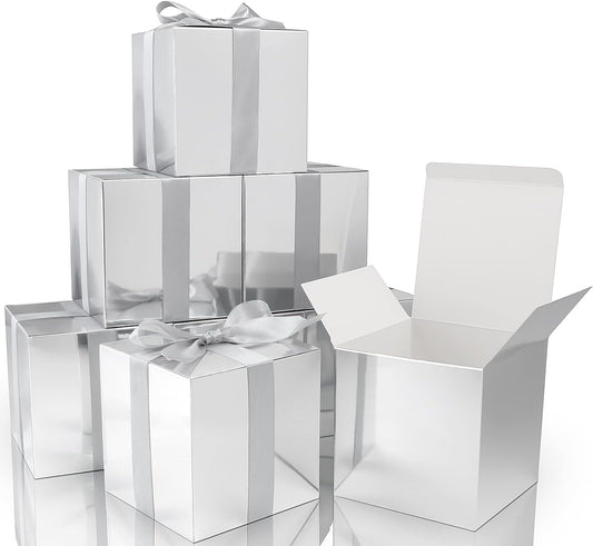 COTOPHER Small Gift Boxes 25 Pack 6x6x6 inches Silver Gift Boxes with Lids for Gifts, Crafting, Wedding Party Favor, Cupcake Boxes, Candy, Bridesmaids Proposal Box with Ribbons and Stickers