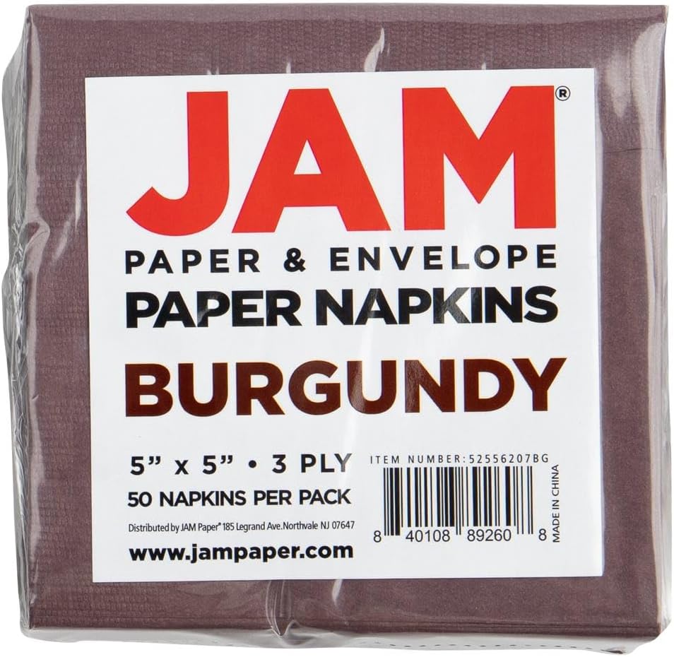JAM PAPER Small Beverage Napkins - 5 x 5 - Burgundy - 50/Pack