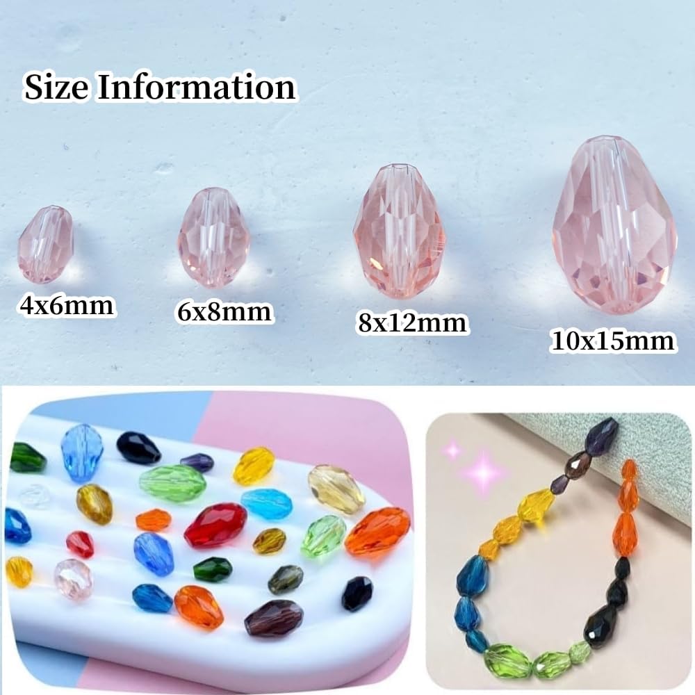 200pcs 4x6mm Teardrop Crystal Glass Beads Vertical Hole Faceted Glass Teardrop Spacer Beads for Bracelets Necklace Earring DIY Jewelry Making Craft(Pink)