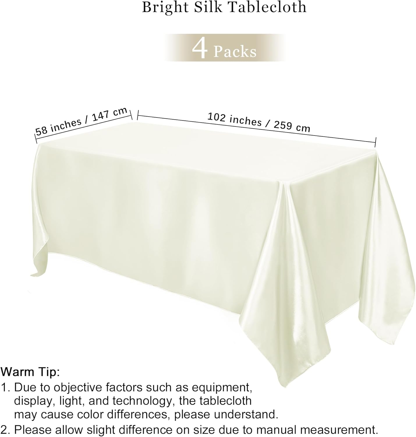 TURSTIN 4 Packs Satin Tablecloth 102 x 58 Inch Overlay Satin Table Cover Rectangle Bright Silk Tablecloth Smooth Fabric Table Decoration for Wedding Banquet Party Events, Ivory
