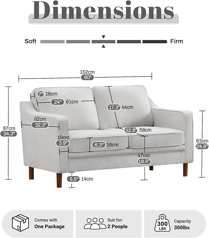 Kingfun 56" Chenille Sofa, Loveseat Couch, Mid Century Modern Love Seat Couches - Image 2