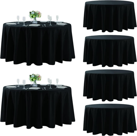 Fokitut 6 Pack Round Tablecloth, 108 Inch, Stain Resistant and Wrinkle Polyester Table Cloth, Fabric Table Cover for Kitchen Dining, Wedding, Party, Holiday Dinner-Black