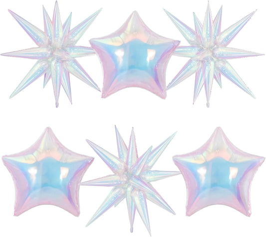 6Pcs Iridescent Foil Balloons, 22" 18" Star Iridescent Balloons Large Holographic Spike Cone Clear Foil Balloon for Birthday Baby Shower Mermaid Rainbow Wedding Party Decorations