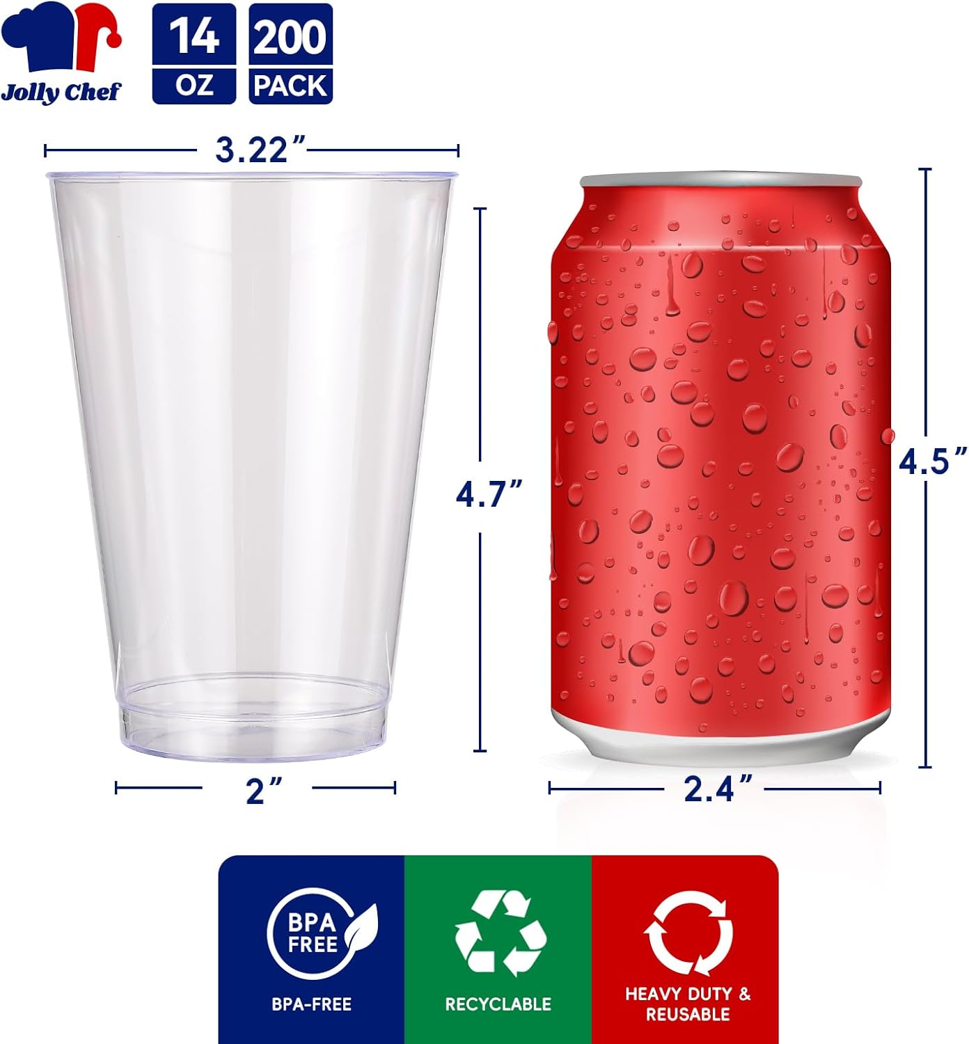 JOLLY CHEF 14 oz Clear Plastic Cups, 200 Pack Heavy-duty Party Glasses, Disposable plastic cups for wedding Cocktails Tumblers, Ideal for Wedding & Party