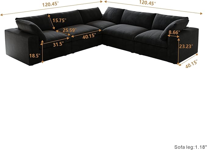 Cloud Modular Sectional Sofa Couch, 120.45" V Shaped Convertible Couches - Image 2