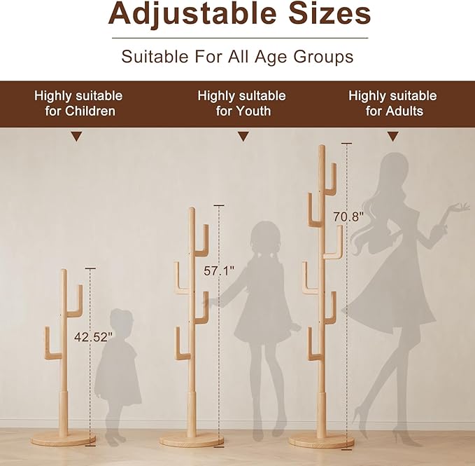 Muwuele Solid Wood Cactus Coat Rack, Freestanding Coat Rack - Image 3
