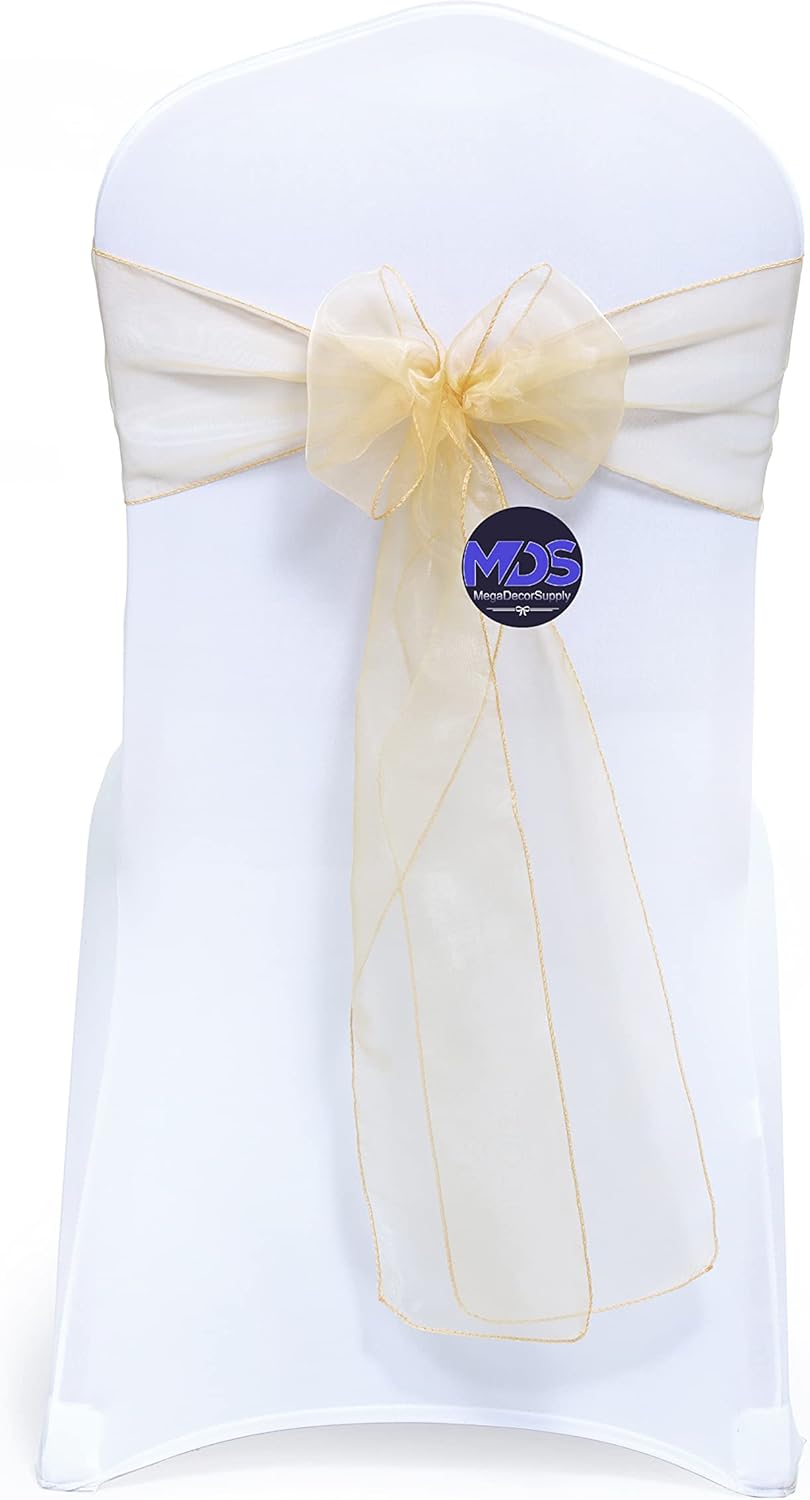 MDS Pack of 125 PCS Organza Chair Sashes Wider Dining Chair Bows Ribbon Tie Back for Wedding Party Birthday Bridal Shower Reception Event Banquet Home Chair Cover Decoration - Beige