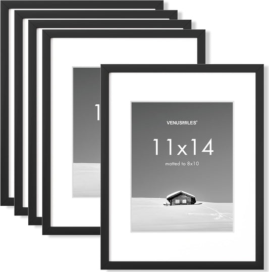 11x14 inch Picture Frame, 11x14 Photo Frames with 8x10 Removable Mat - High Definition Plexiglass - Vertical and Horizontal Display - Wall Hanging Frame - Black, 5 Pack