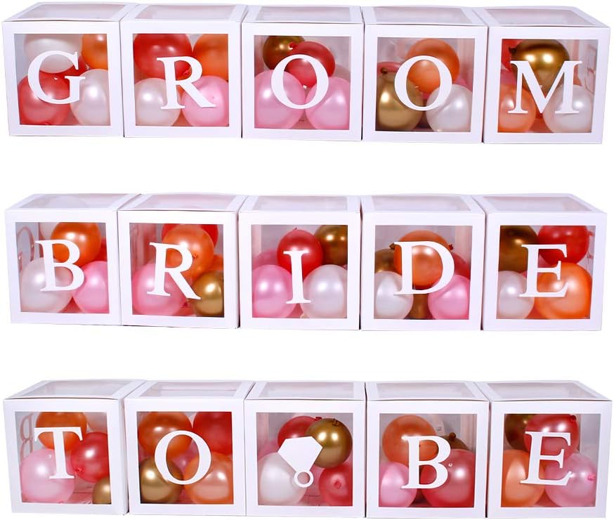 96 PC Bridal Shower Decorations Balloon Boxes White- Transparent Block with BRIDE TO BE + GROOM + A - Z Letters and 40 Balloons- Engagement Bachelorette Parties Weddings Centerpieces Photo Booth Props