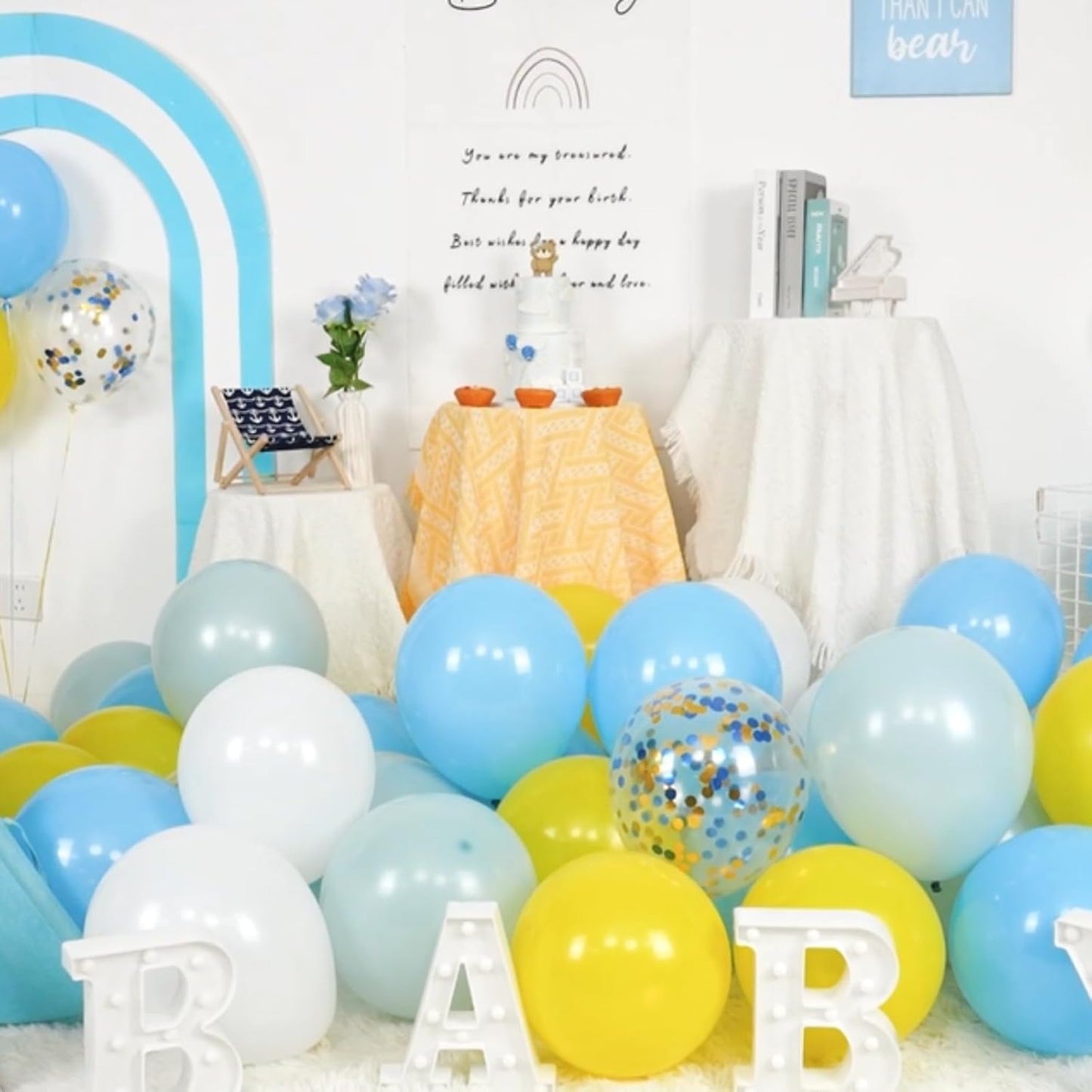 Paready 50pc Blue & Yellow Balloons - 12in Dusty Blue, White & Yellow Latex Balloons with Confetti for Boys Birthday, Baby Shower, Anniversary & Wedding