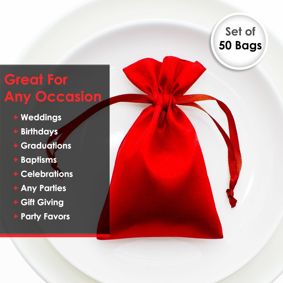 4" x 6" Red Satin Gift Bags - Jewelry, Wedding Favor Drawstring Pouches for Baby Shower, Christmas - 50 Pack