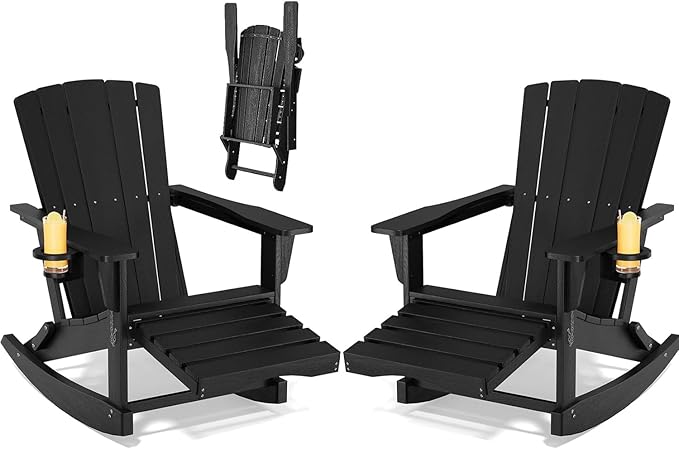 Adirondack Rocking Chair with Retractable Ottoman Set of 2, Outdoor Folding by Unknown