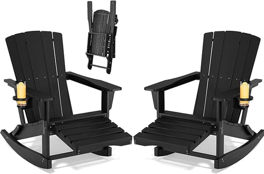 Adirondack Rocking Chair with Retractable Ottoman Set of 2, Outdoor Folding by Unknown