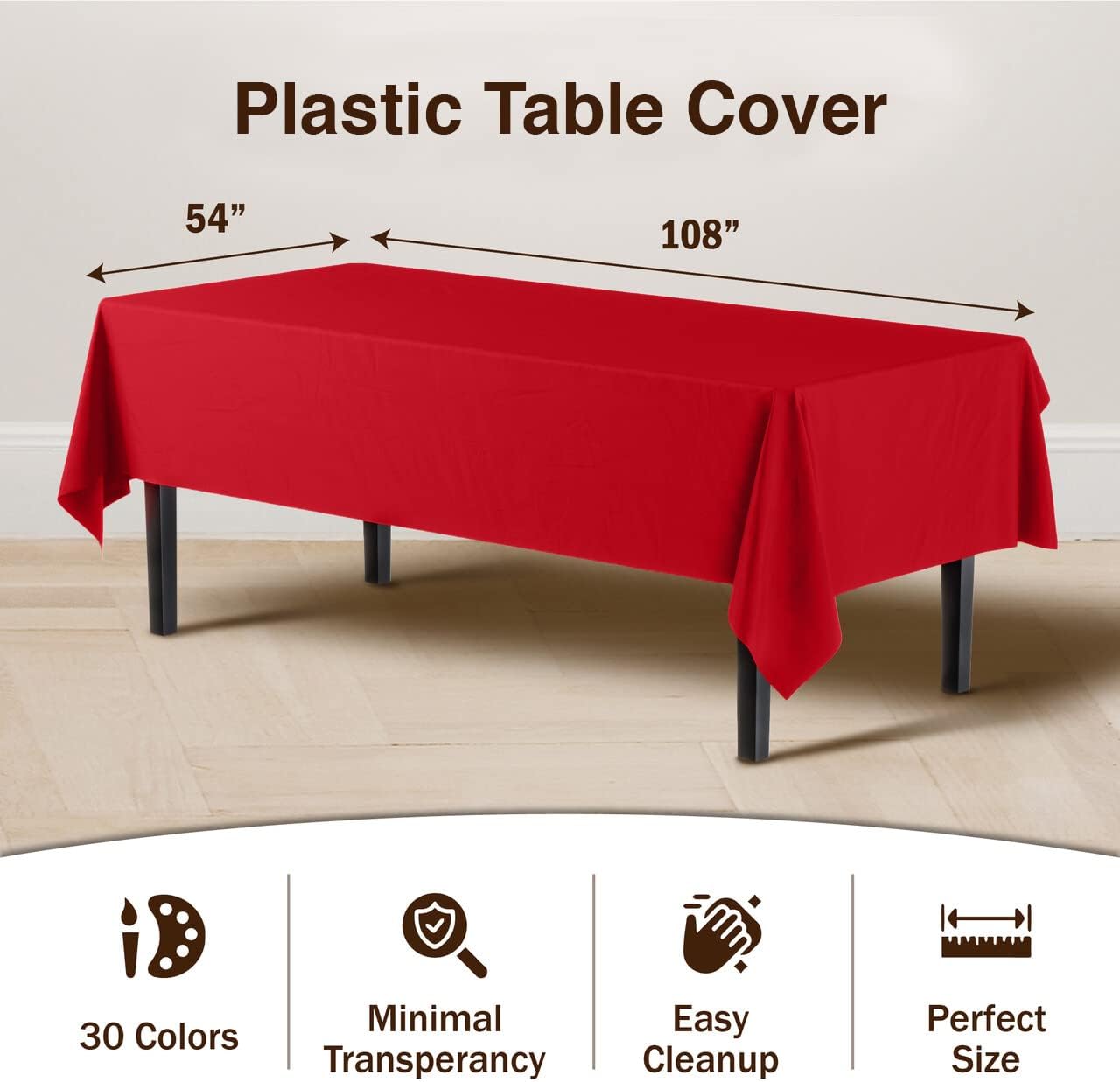 Party Solids 12-Pack Premium Plastic Tablecloth 54in. x 108in. Rectangle Table Cover - Red