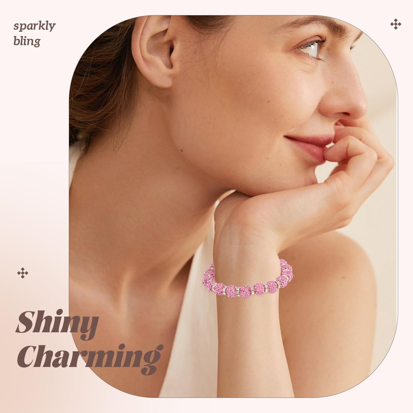 105pcs 10mm Rhinestone Beads for Jewelry Making, Pink Shiny Round Disco Ball Beads Bulk, Sparkle Crystal Clay Christmas for Bracelet Baseball Necklace Earring Crafting and DIY