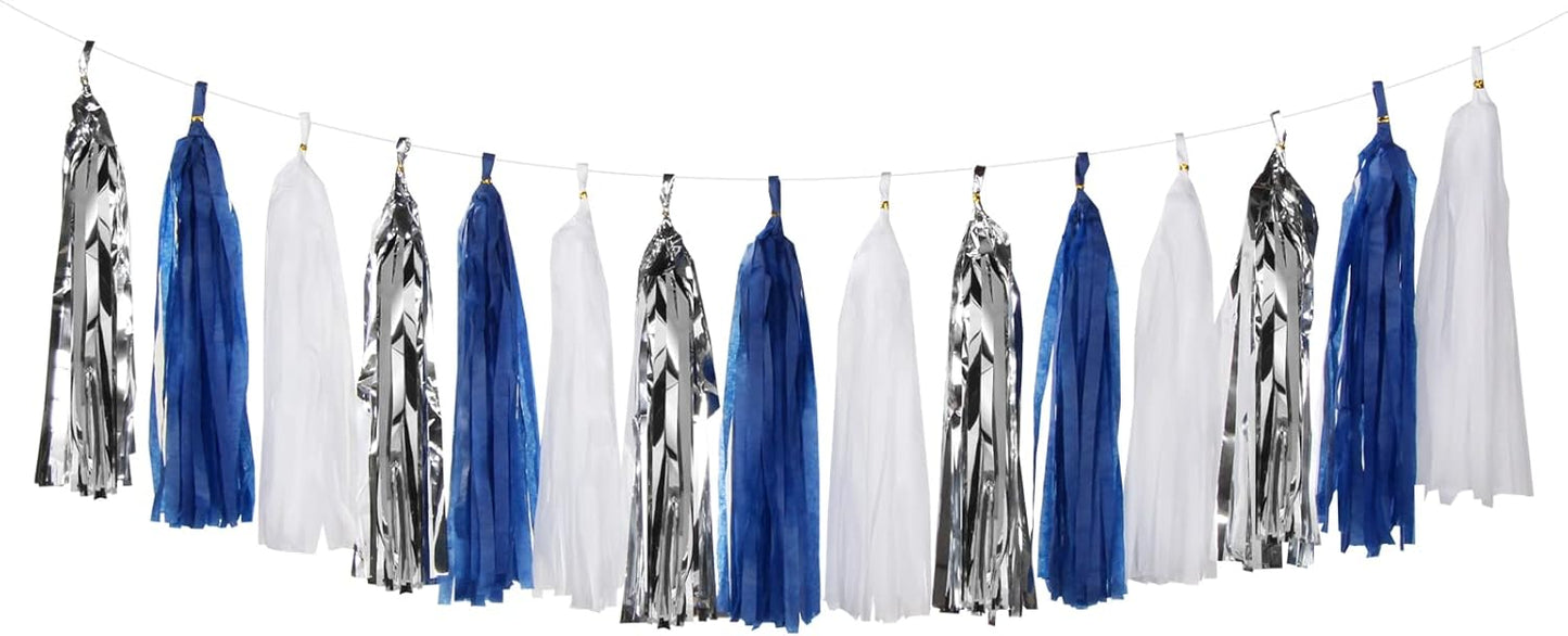 Navy-Blue White-Silver Tassel Garland Streamers - 15pcs Party Decorations Tissue Paper Tassels Banner,Graduation 2025 Wedding Baby Bridal Shower Hanging Decoration Boy Birthday Backdrop Decor Panduola