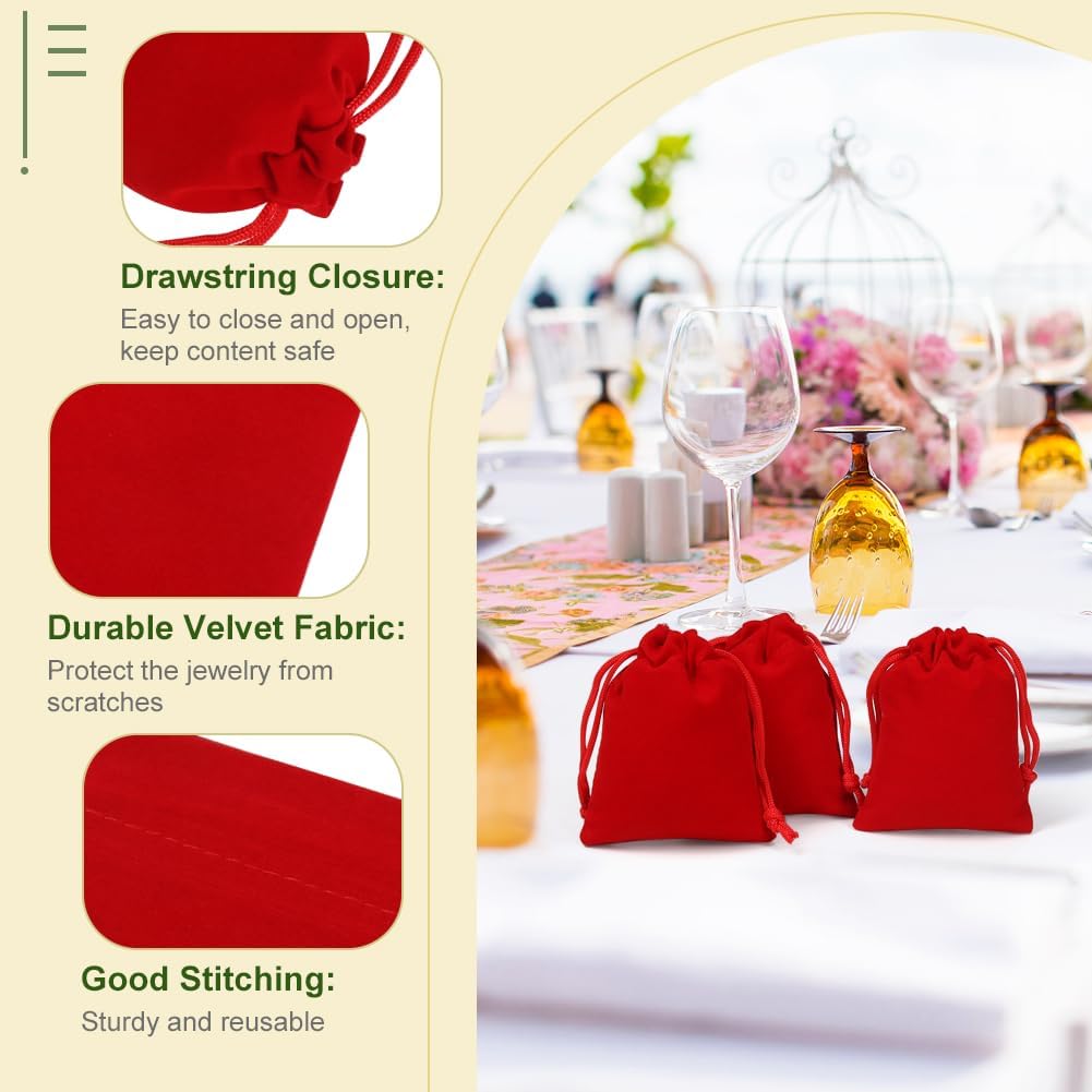 Shintop 50pcs Little velvet bags, 3x4inch Red Drawstring Gift Bags Small Jewelry pouches Coin Purse for Christmas Small Business Party Favor