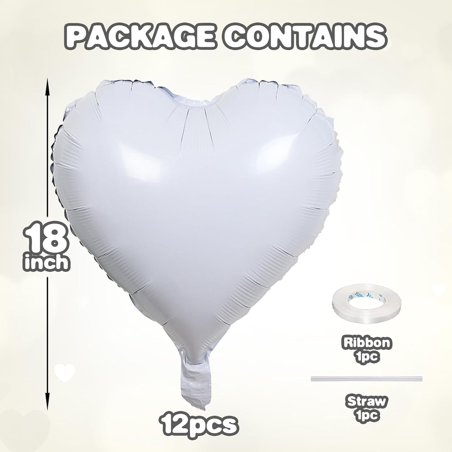 12 Pcs Heart Balloons, 18 inch White Heart Shaped Balloons, Big Foil Helium Balloon, Love Foil Balloon for Wedding Baby Shower Anniversary Backdrop Valentine Party Decorations