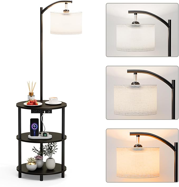 Round Side Table with Lamp and USB Ports, 3-Tier Small End Table by RISWER