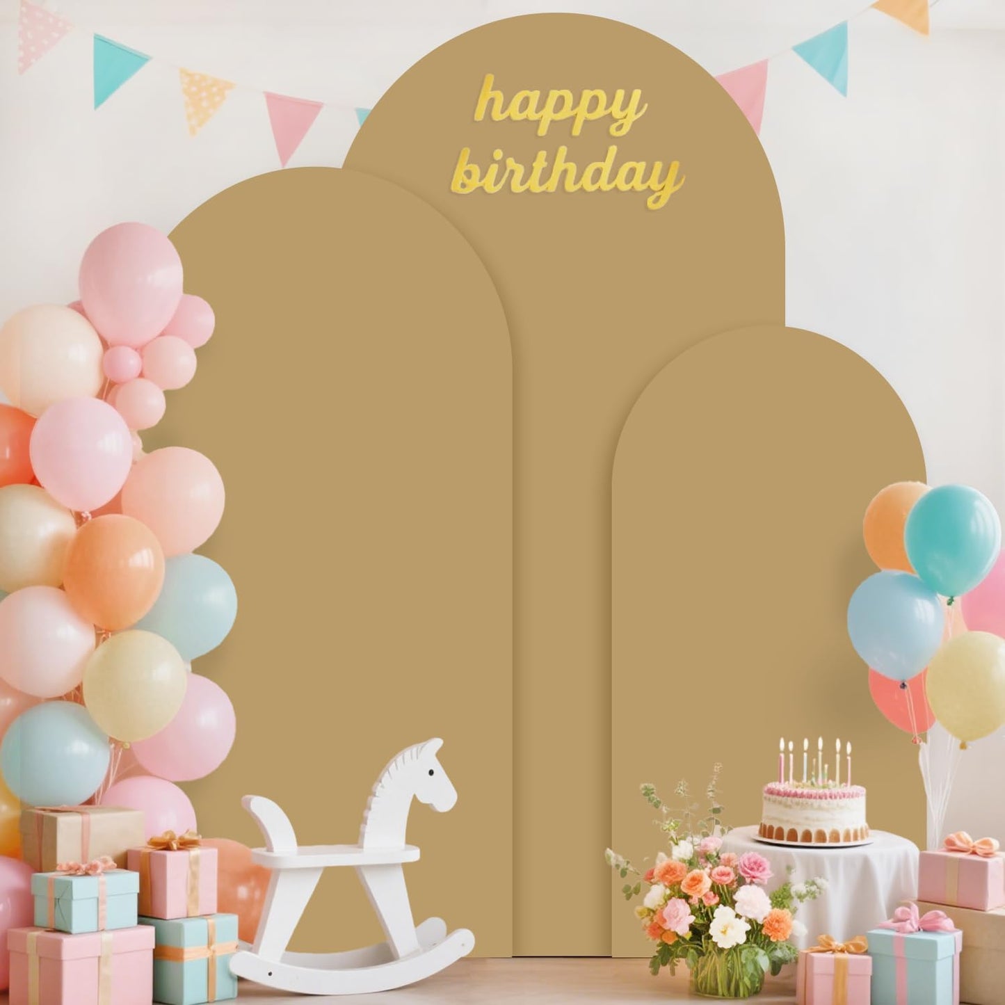 Metal Backdrop Arch Stand Set of 3 with Brown Spandex Arch Covers Stretchy Backdrop 6FT, 5FT, 4FT Stable Balloon Arch Frame Stand Backdrops and Arch Stands Cover for Wedding Ceremony Grad Party Decor