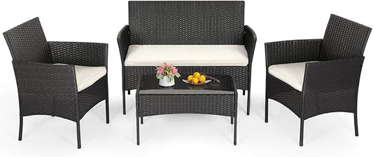 FDW | 4-Piece Patio Furniture Set | Black | Outdoor Wicker Furniture by FDW