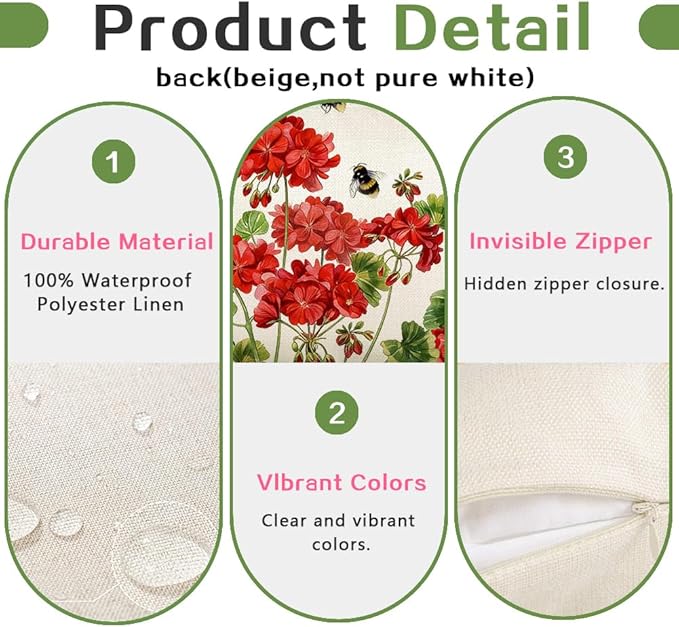 RABUSOFA Spring Summer Outdoor Geranium Pillow Cover Waterproof 12x20 - Image 3
