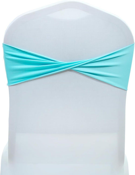 MDS Pack of 125 Spandex Chair Sashes Bows Elastic Stretch Dining Chair Bands Ties Without Slider Buckle Universal fits for Wedding Baby Shower Birthday Party Banquet Event Decoration - Aqua Blue