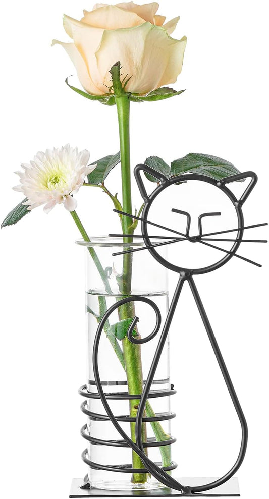 Marbrasse Desktop Glass Planter Hydroponics Vase,Planter Bulb Vase with Holder for Home Decoration,Modern Creative Cat Plant Terrarium Stand, Scindapsus Container (Lovely Cat)