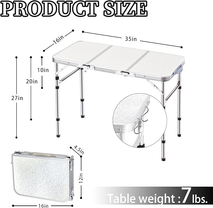 Yriuat Folding Camping Table 3ft Portable Picnic Table Adjustable Height Small - Image 3