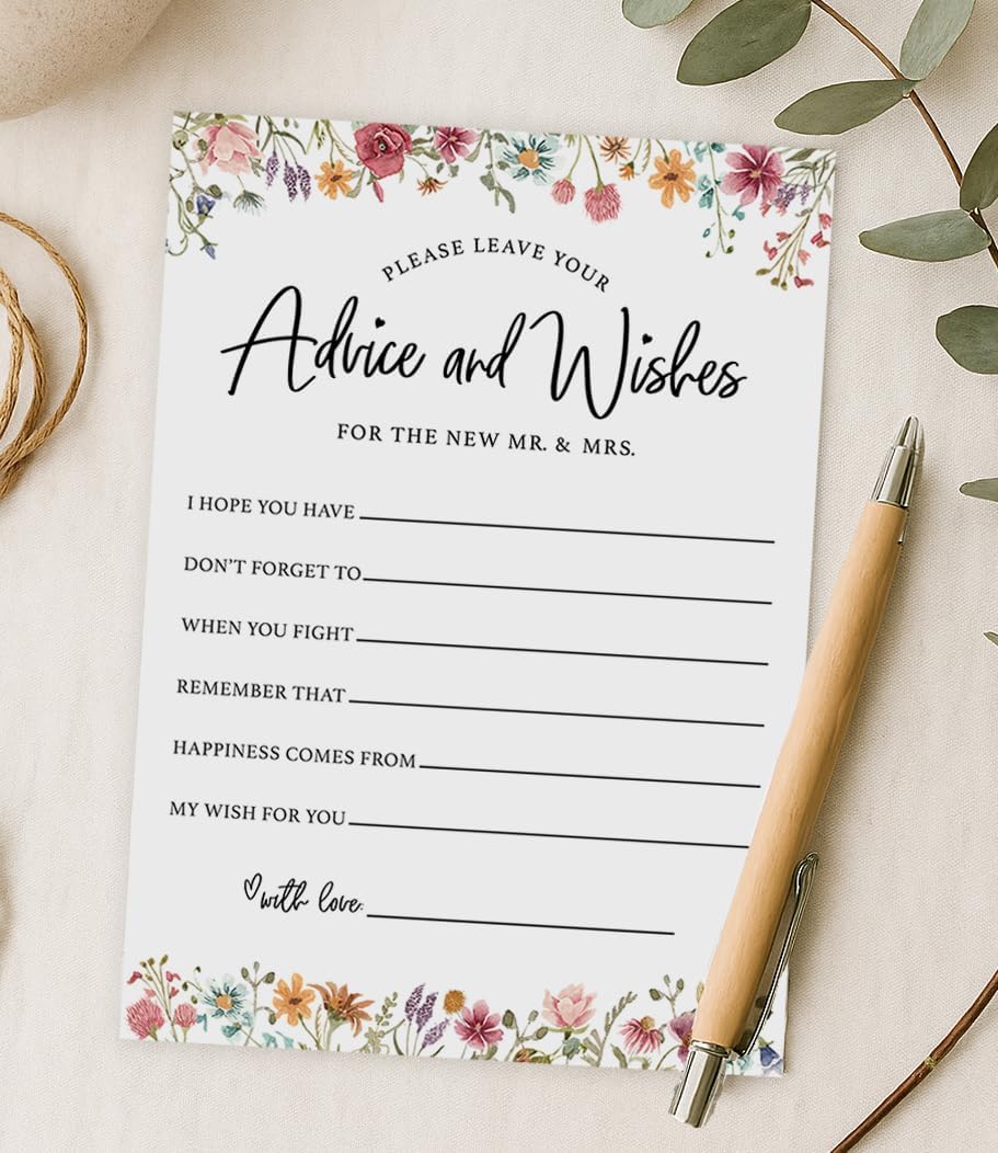 Printed Party Wedding Advice Cards – Wildflower Theme, Bridal Shower Games and Favors for Guests, Love In Bloom Floral Design, 30 Guests